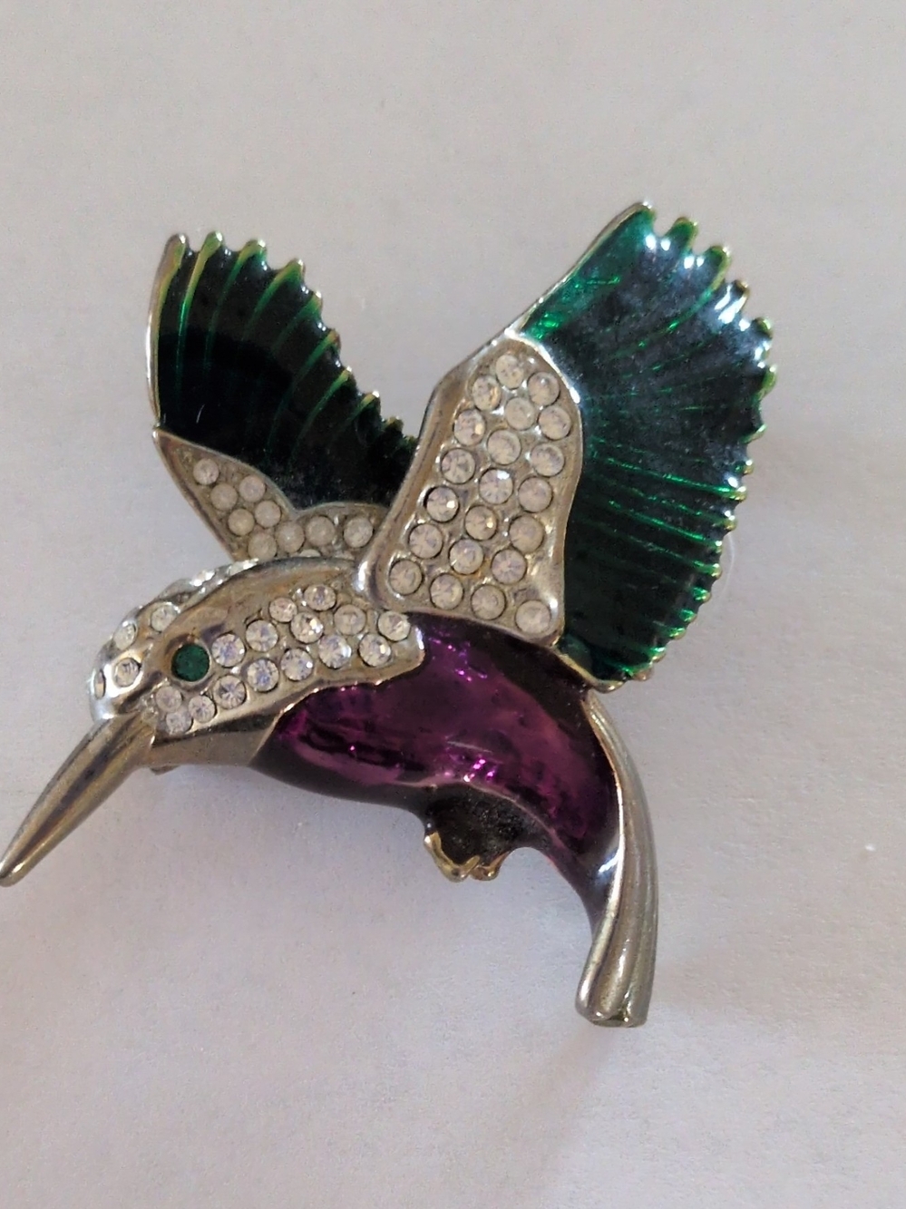 Vintage-Inspired Rhinestone Hummingbird Brooch in Green and Purple